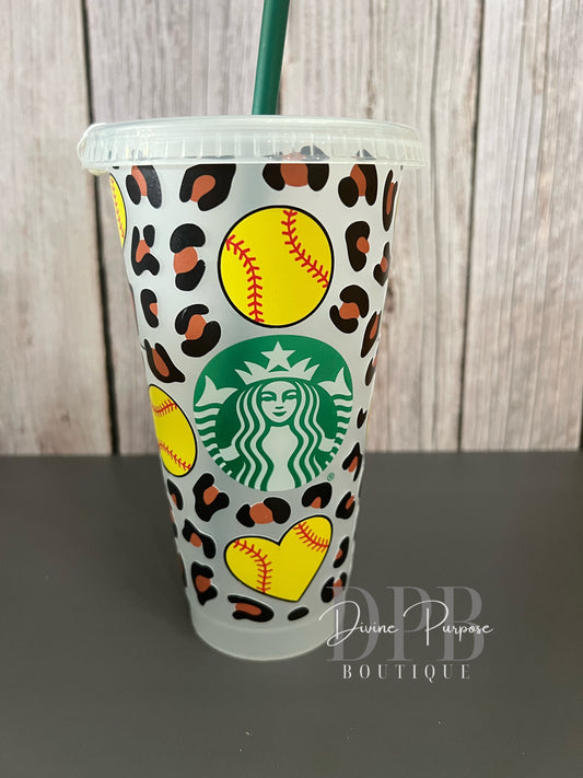 Softball Leopard Print Plastic Tumbler